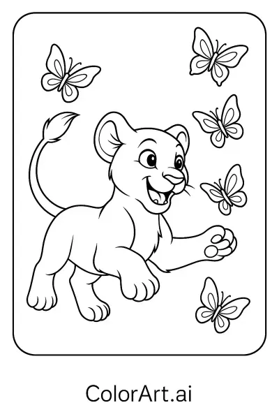 Asombro de la infancia: Página para colorear sobre los amigos revoloteantes de un cachorro sin león