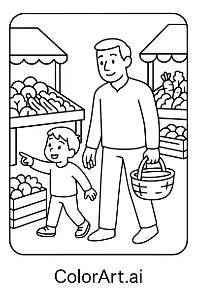 Día del Padre Compras de Verduras con Niños en la Página para Colorear