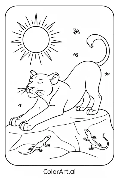 Página para colorear: Saludo al Sol de una Leona en Estiramiento Matutino  