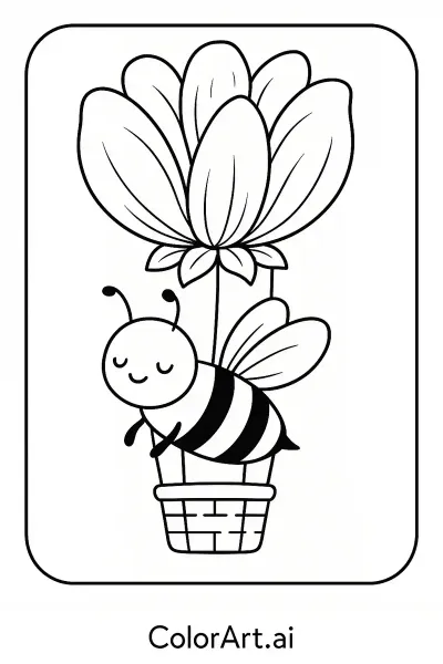 Página para colorear de globo aerostático de abeja y flor  