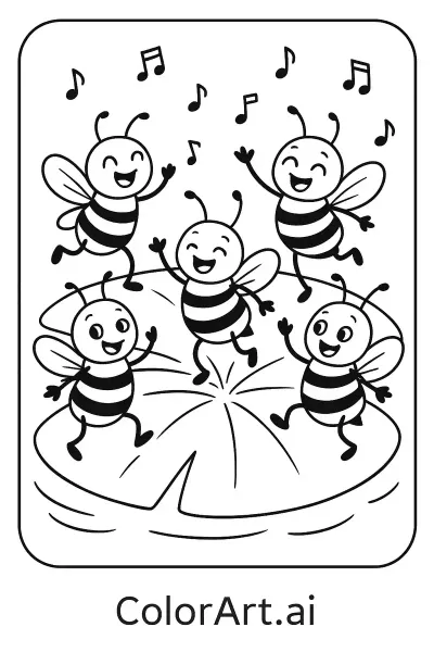 Página para colorear de 5 abejas cantando felizmente