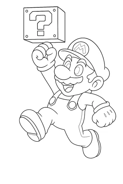 Página para Colorear: Mario Saltando y Golpeando el Bloque