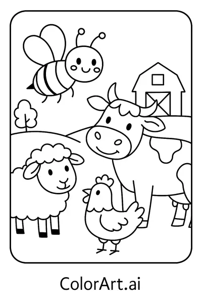 Una abeja y sus amigos en una página para colorear de la granja  