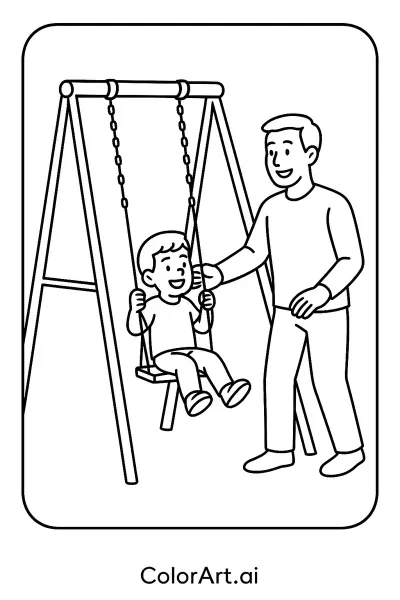 Representación de un niño en un columpio en la Página de Colorear del Día del Padre