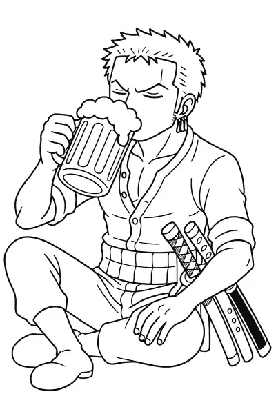 Página para colorear de Roronoa Zoro, el legendario espadachín de One Piece, bebiendo cerveza