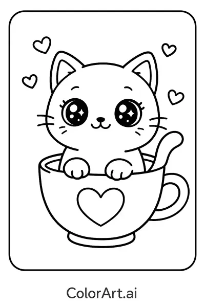 La Página para Colorear del Gato Kawaii en una Taza