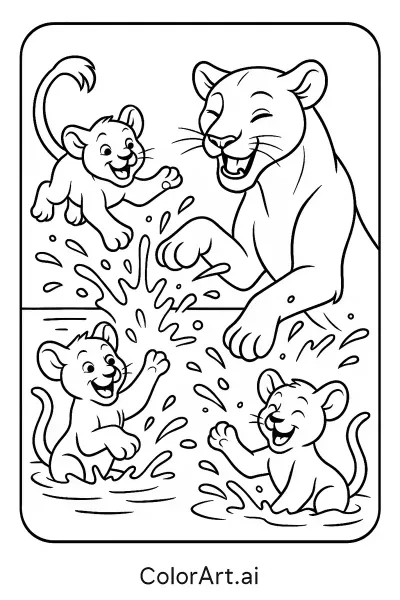 Página para colorear: "Diversión Familiar: Leona y Cachorros Jugando"