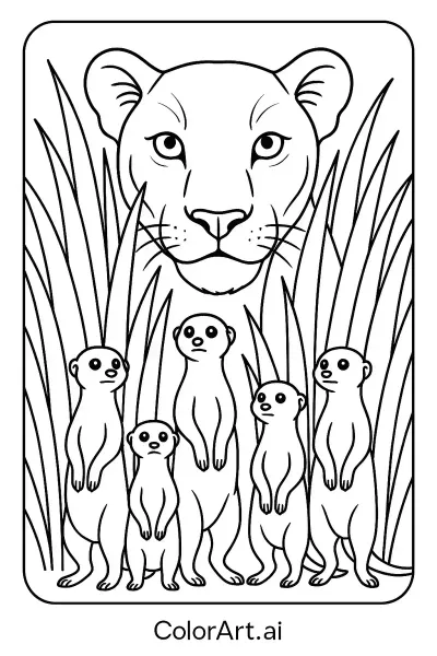 Página para colorear de Leona Observadora Curiosa y Suricatas  