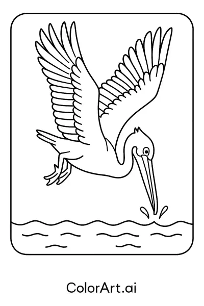 Página para colorear de caza de salpicadura de pájaro pelícano Imagine que está capturando un momento en el tiempo donde un pájaro se desliza elegantemente por el aire, con sus alas extendidas en un gesto grandioso de gracia y poder. Este pájaro no solo está flotando sin rumbo; está en una misión, con su cuerpo inclinado hacia adelante mientras se enfoca en su objetivo abajo: el agua brillante. Su cabeza está inclinada hacia abajo, sus ojos agudos fijos en la superficie, mientras su pico abierto demuestra su inminente interacción con el mundo debajo. La escena capturada está energizada por los detalles de la salpicadura que insinúan el momento preciso antes del contacto, cuando la anticipación electriza el aire.