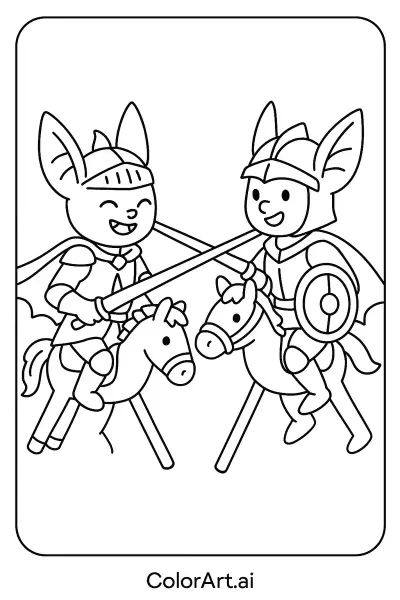 Página para colorear sobre justas de murciélagos medievales y discusión sobre simbolismo cultural para niños