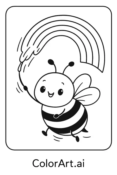 Una Página para Colorear de una Abeja Alegre Pintando un Arcoíris