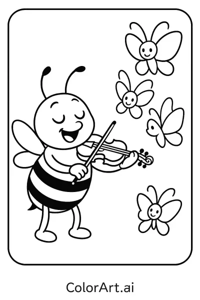 Página para colorear de una abeja tocando el violín