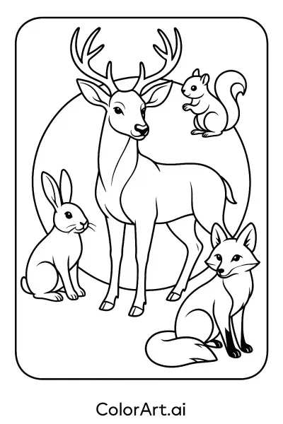 Página para Colorear: Ciervo Majestuoso con Amigos del Bosque