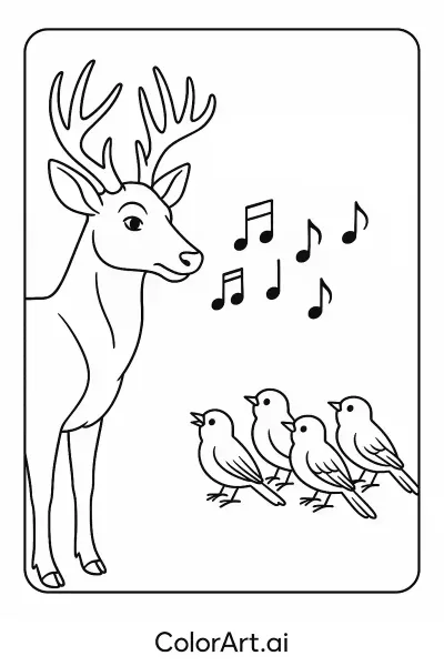 Página para colorear: "Majestuoso Ciervo Escuchando al Petirrojo Cantando"  
