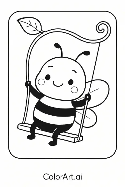 Página para colorear de una abeja preescolar jugando en el columpio  