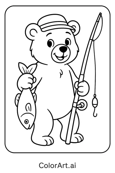 La página para colorear del oso feliz pescando