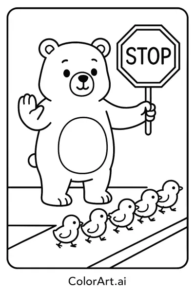 Aventura del Oso de la Seguridad: Aprendiendo las Reglas de Tránsito - Página de colorear