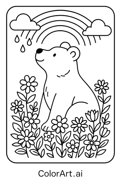 Página para colorear de oso polar con un arcoíris  