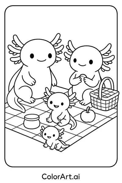 Página para colorear de la adorable familia de ajolotes