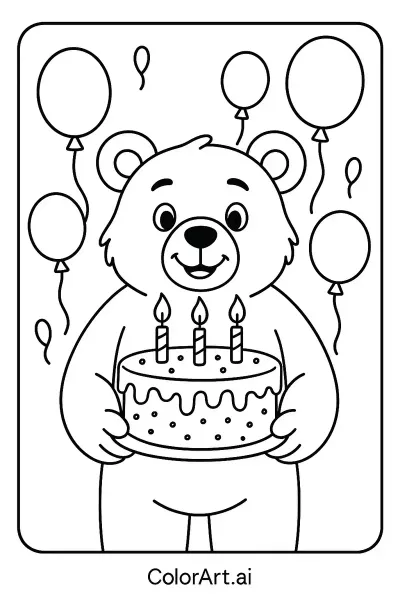 Página para Colorear del Pastel de Cumpleaños del Oso