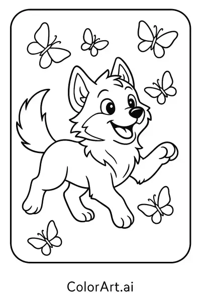 Página para colorear de El Juguetón Lobo Gris y las Mariposas Danzantes  
