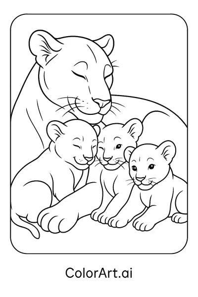 Página para colorear de leona con cachorros y vínculo materno