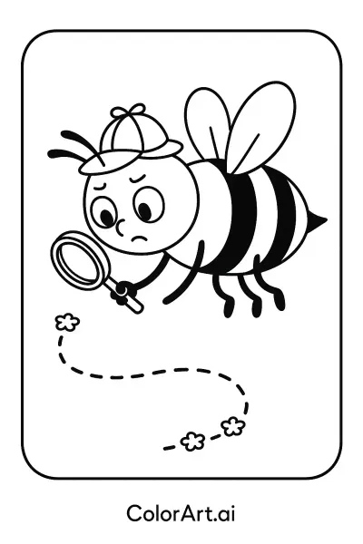 Una página para colorear de un detective abeja buscando pruebas