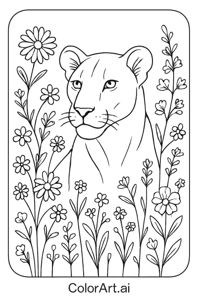 Página para Colorear de la Reina Leona entre Flores Silvestres