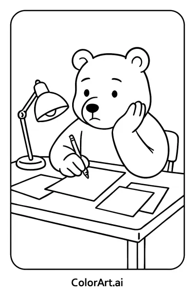 Página para Colorear: Un Oso haciendo Tareas
