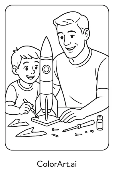 Construyendo un cohete modelo en una página para colorear del Día del Padre