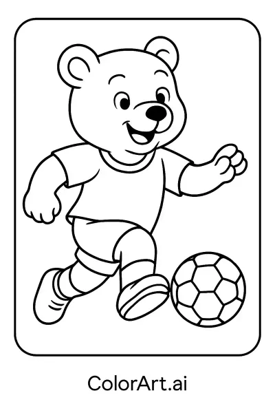 La alegre página para colorear del oso jugando fútbol