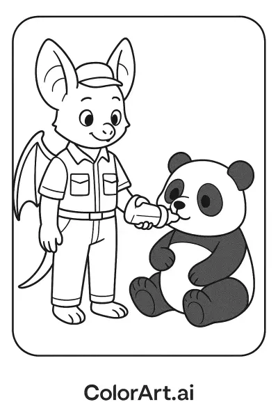 Amigos Murciélago y Panda: Una Página para Colorear Social