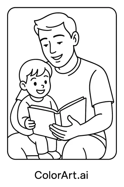 Una página para colorear del Día del Padre con una escena de un padre y un niño leyendo juntos.  